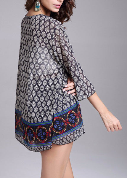 Navy Beaded V-Neck Chiffon Kimono Blouse