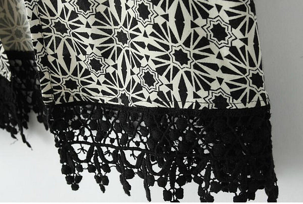 Black and White Geometric Floral Crochet Trim Kimono