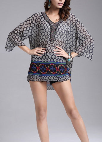 Navy Beaded V-Neck Chiffon Kimono Blouse