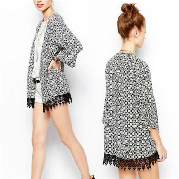 Black and White Geometric Floral Crochet Trim Kimono