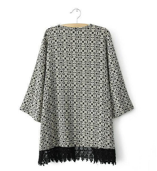 Black and White Geometric Floral Crochet Trim Kimono