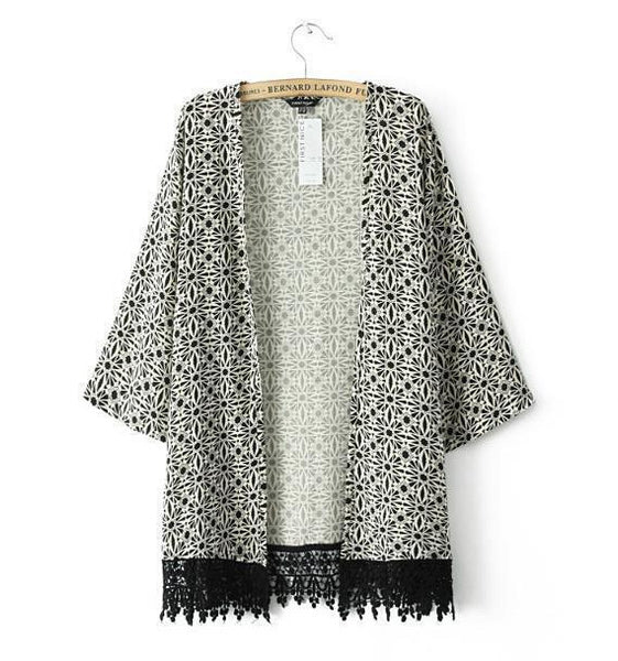 Black and White Geometric Floral Crochet Trim Kimono
