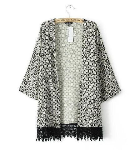 Black and White Geometric Floral Crochet Trim Kimono