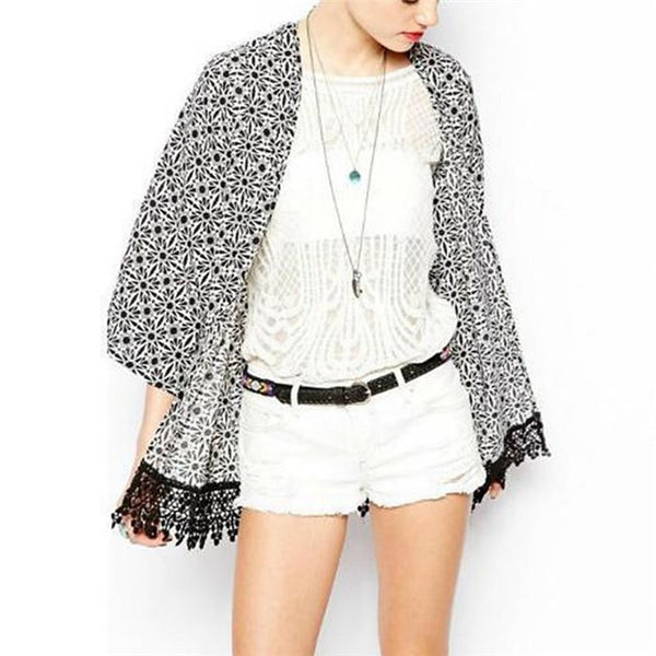 Black and White Geometric Floral Crochet Trim Kimono