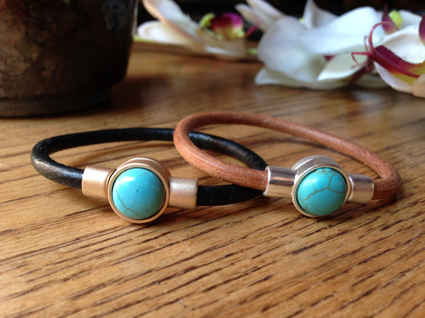 Turquoise and leather cuff bracelet