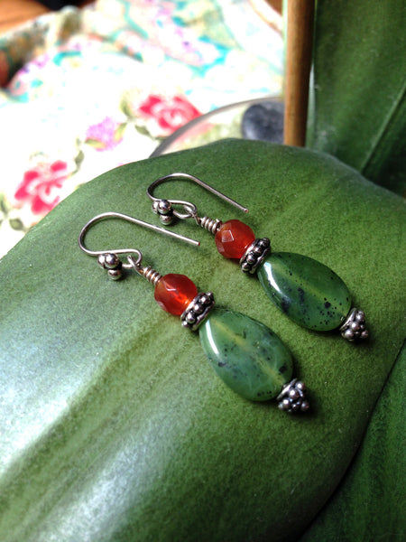 Jade and Carnelian Silver Dangle Earrings