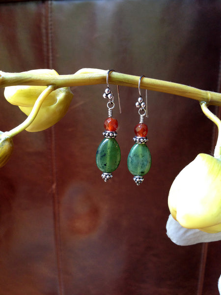 Jade and Carnelian Silver Dangle Earrings