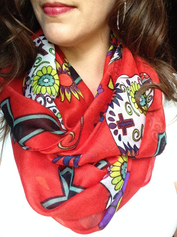 red dia de los muertos sugar skull scarf