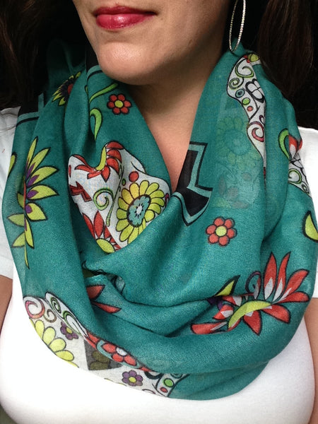 teal green dia de los muertos sugar skull scarf