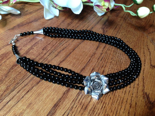 Silver Rose and Onyx Necklace