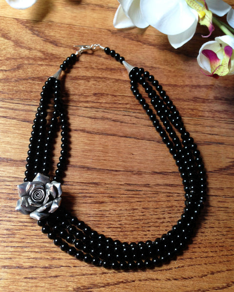 Silver Rose and Onyx Necklace