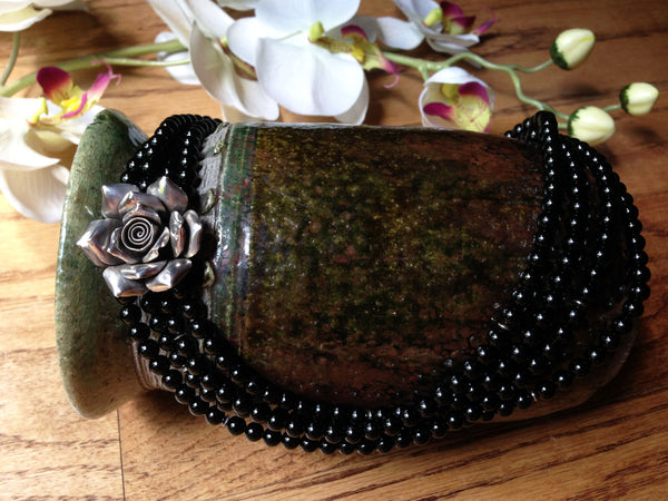 Silver Rose and Onyx Necklace