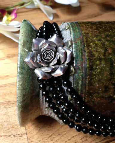 Silver Rose and Onyx Necklace