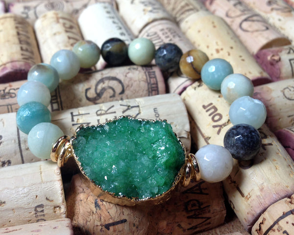 Green Druzy Beaded Stretch Bracelet