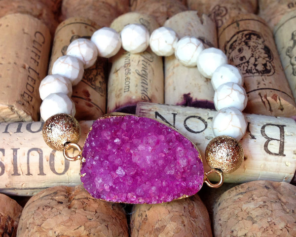 Pink Druzy Beaded Stretch Bracelet