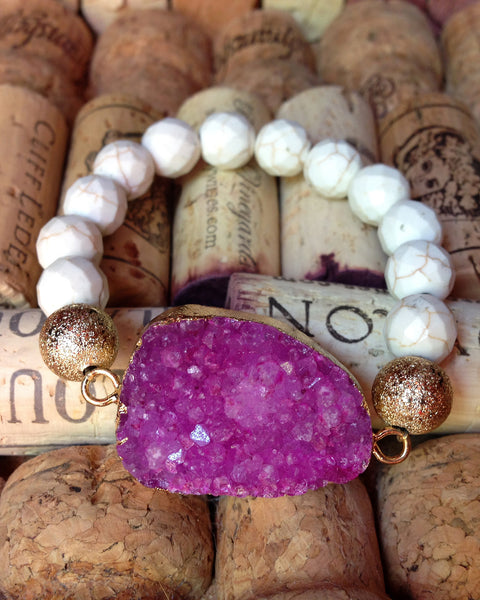 Pink Druzy Beaded Stretch Bracelet