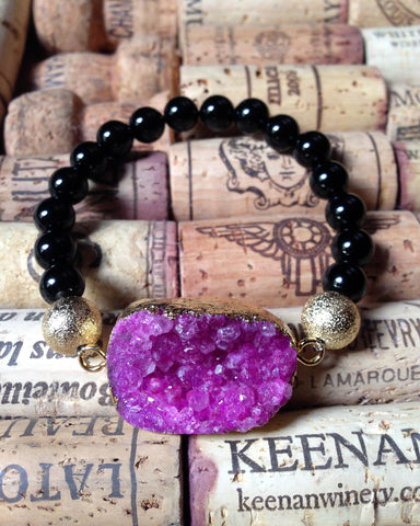 pink druzy onyx gold stretch bracelet