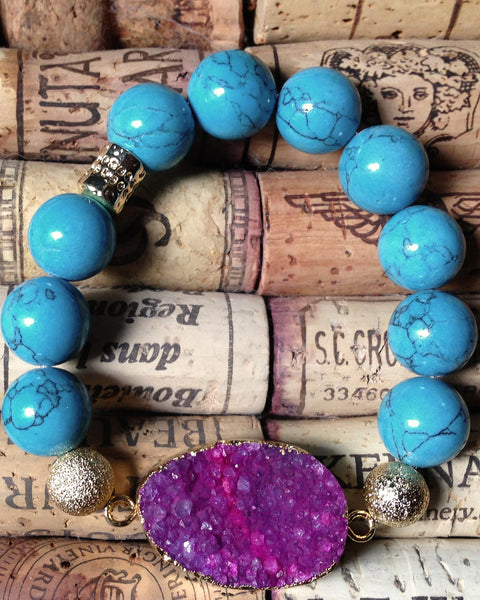 pink druzy turquoise stretch beaded bracelet