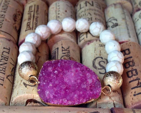 pink druzy white gold beaded stretch bracelet