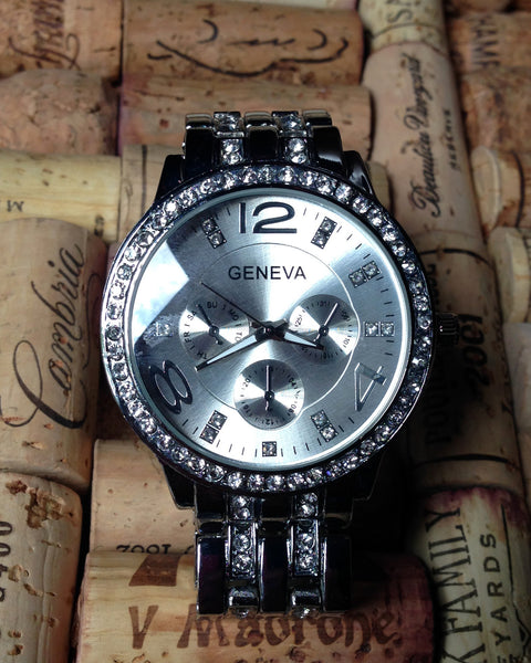 silver Geneva Pave Crystal Bling Boyfriend Watch