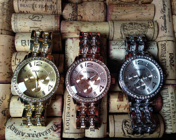 Ladies Geneva Pave Crystal Bling Boyfriend Watch Gold Rose Silver